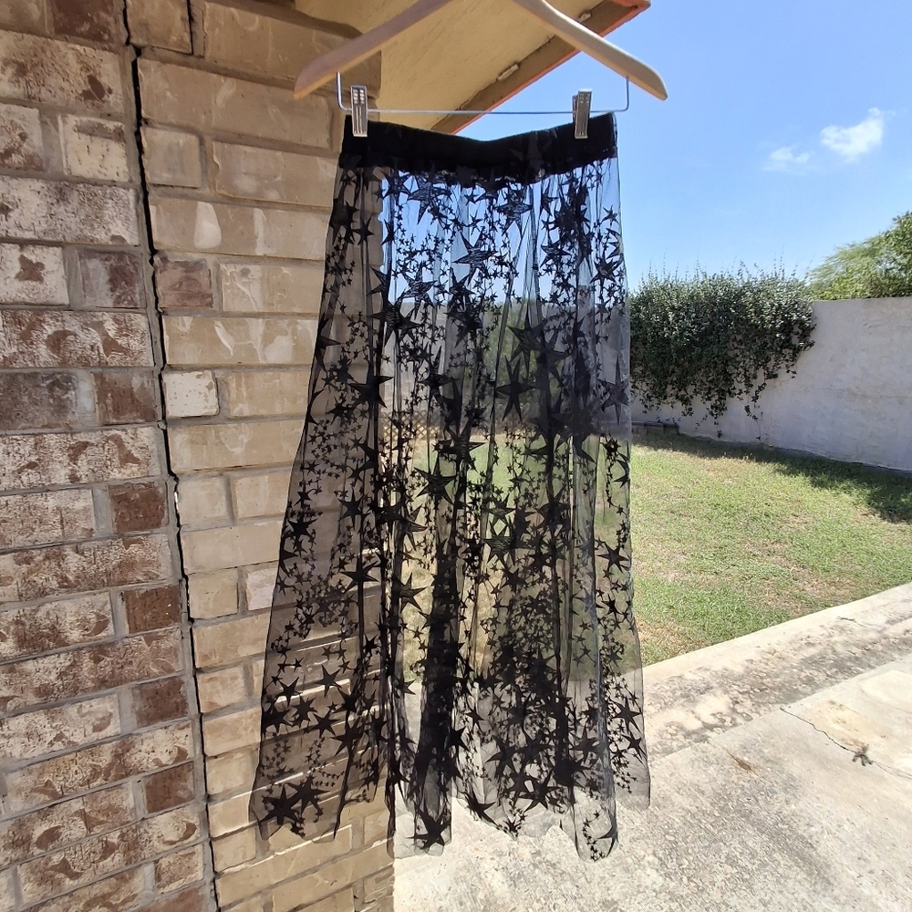 Romwe Black Mesh Sheer Embroidered Stars Maxi Cover-up Skirt Women Size Medium - Picture 4 of 16